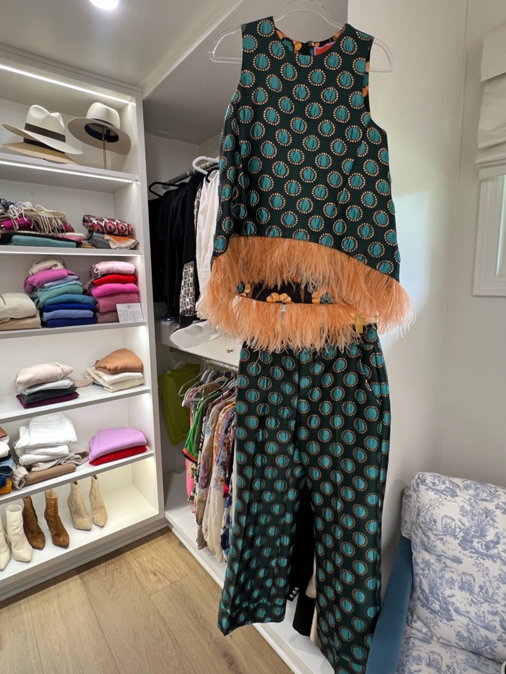 LA DoubleJ Teal and Peach Feather-Trim Wide Leg Jumpsuit